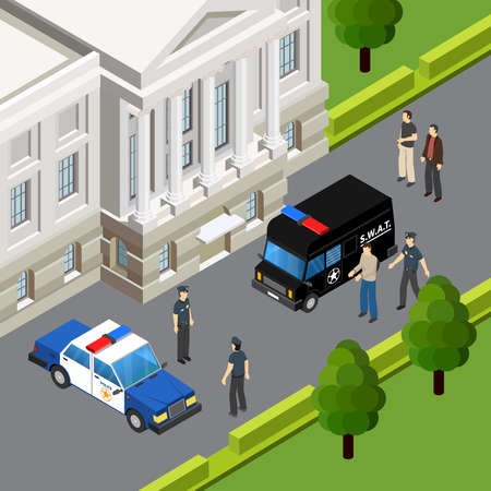 Law justice system isometric composition with crime suspect arrest by police officers scene summer outdoor vector illustrationのイラスト素材