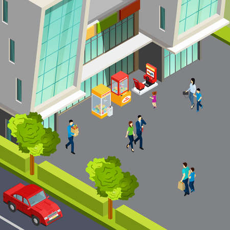 People walking near shopping centre with various game machines 3d isometric vector illustrationのイラスト素材