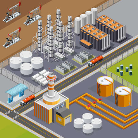 Oil industry and transportation composition with big refinery and pumpjacks 3d isometric vector illustrationのイラスト素材