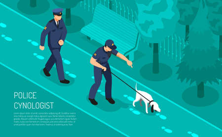Police cynologist special footsteps tracking dog training assisting detective inspectors in crime investigation isometric composition vector illustrationのイラスト素材