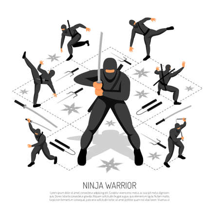 Ninja warrior unbeatable stickman character in various action poses isometric interactive video game advertisement poster vector illustrationのイラスト素材