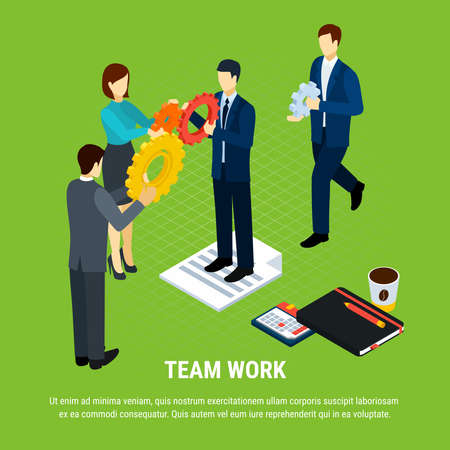 Business people isometric background with human characters of office workers holding gear icons with editable text vector illustrationのイラスト素材