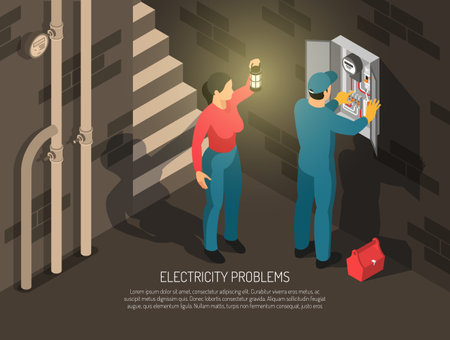 Isometric electrician horizontal background with indoor basement composition human characters of worker and host with text vector illustrationのイラスト素材