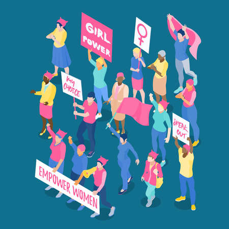 Crowd of protesting women feminists with placards and flags on dark blue background isometric vector illustrationのイラスト素材