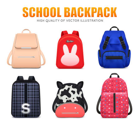 Realistic school education backpack bag baggage set of six isolated school backpacks of different shape and colour vector illustrationのイラスト素材