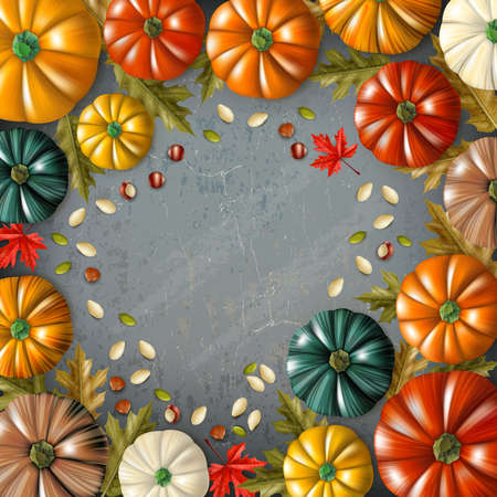 Colored thanksgiving day composition with different colors and sizes pumpkins combined in frame vector illustrationのイラスト素材
