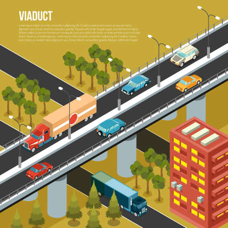 Vehicular viaduct bridge carrying traffic over busy outskirts city streets and adjacent valley isometric composition vector illustrationのイラスト素材
