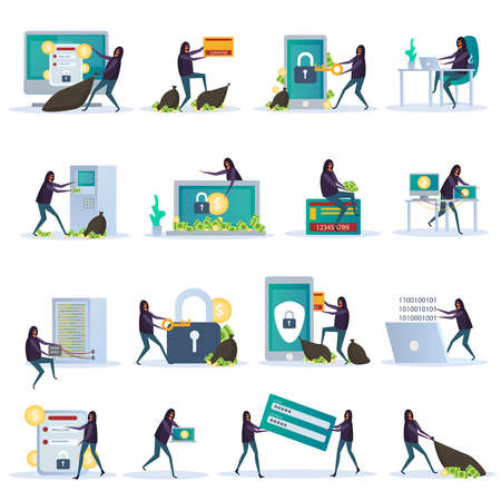 Cyber security set of flat icons electronic devices with data protection and hacker activity isolated vector illustrationのイラスト素材