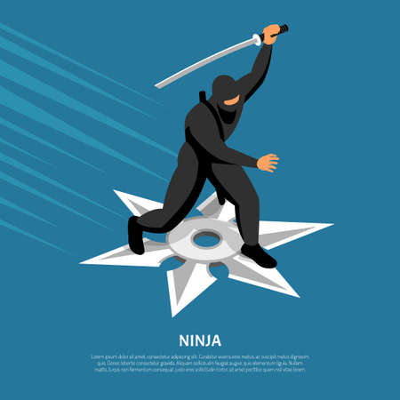 Unbeatable ninja warrior character in action pose on silver star symbol isometric blue background poster vector illustrationのイラスト素材