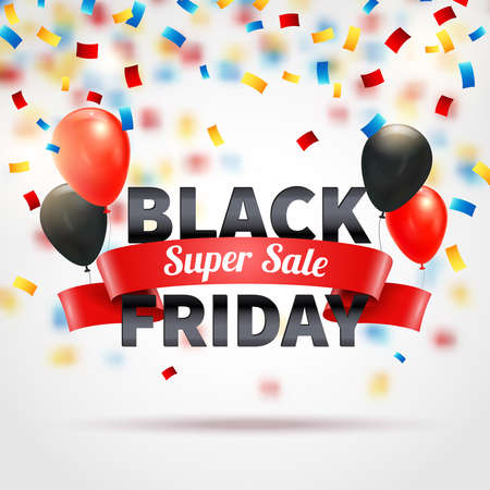 Black friday super sale background with colorful balloons and confetti realistic vector illustrationのイラスト素材