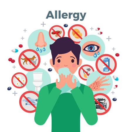 Allergy concept with risk factors and symptoms symbols flat vector illustrationのイラスト素材
