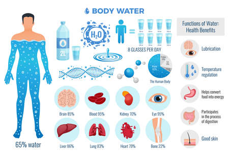 Body and water set with water functions symbols flat isolated vector illustrationのイラスト素材