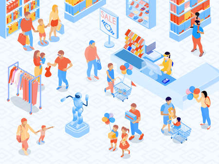 Family shopping scene near cash desk of mall parents and kids during goods choice isometric vector illustrationのイラスト素材