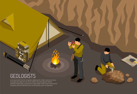 Geologists research fieldwork camp horizontal isometric composition with tent campfire rock samples exploration handtools kit vector illustrationのイラスト素材