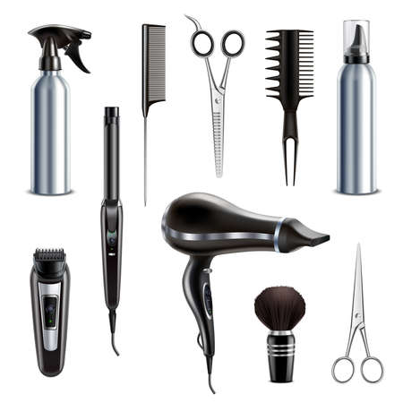 Barber shop hairdresser styling tools realistic collection with hairdryer scissors trimmer clipper shaving brush isolated vector illustrationのイラスト素材