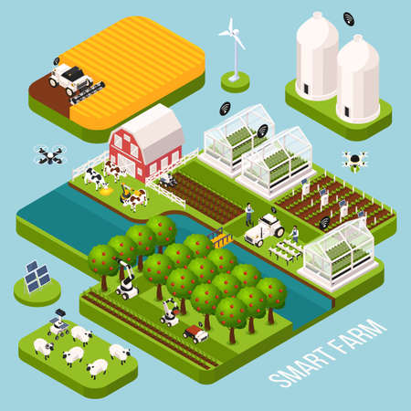 Smart farm isometric set with agriculture symbols isometric isolated vector illustrationのイラスト素材