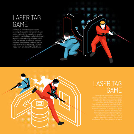 Laser tag multiplayer team game 2 isometric horizontal colorful background banners with players in action vector illustrationのイラスト素材