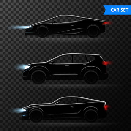 Three realistic car dark transparent icon set with different stylish models of cars vector illustrationのイラスト素材
