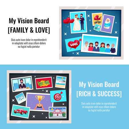 Dreams vision board horizontal banners set with success and love symbols flat isolated vector illustrationのイラスト素材