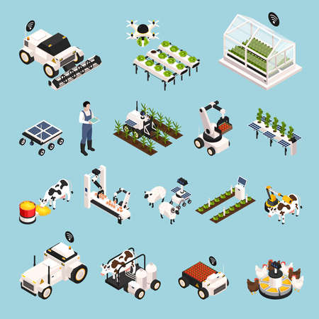 Smart farm set with technology symbols isometric isolated vector illustrationのイラスト素材