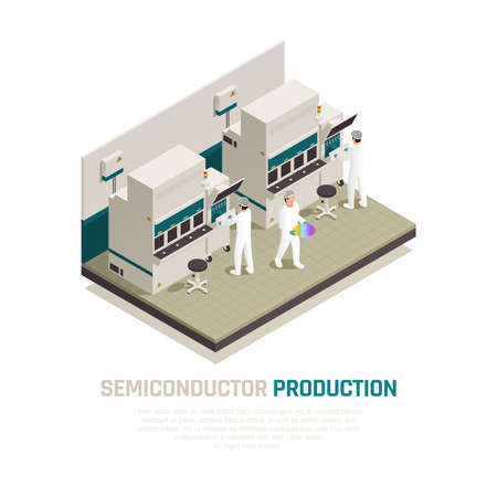 Semiconductor chip production isometric composition background with electronic silicon chip factory machinery facilities and human workers vector illustrationのイラスト素材