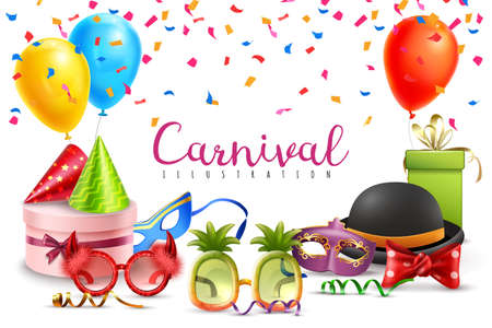 Carnival masquerade party hats balloons confetti funny colored and shaped glasses  realistic composition invitation poster vector illustrationのイラスト素材
