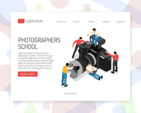 Photography education online school  isometric website page design with classes offer students and camera symbol vector illustrationのイラスト素材
