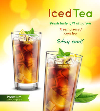 Iced tea package realistic advertising composition with 2 full glasses mint leaves lemon promoting text vector illustrationのイラスト素材