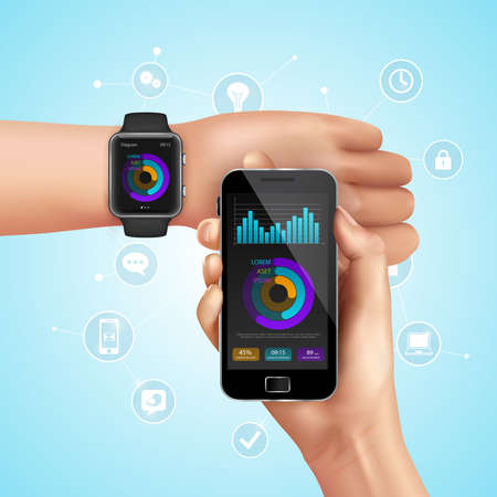 Realistic smart watch and mobile technology composition with synchronization from smartphone to watch vector illustrationのイラスト素材