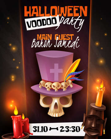 Halloween voodoo party announcement invitation poster with skull in hat mask candles light black background vector illustrationのイラスト素材