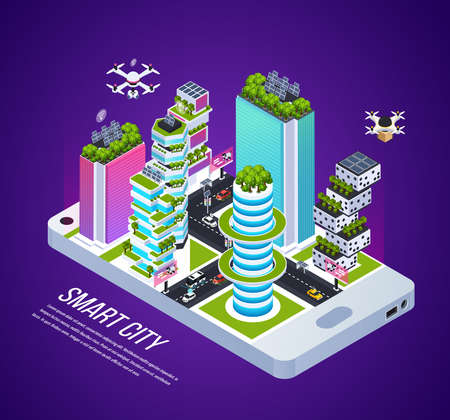 Smart city isometric composition with city technology and energy symbols isometric vector illustrationのイラスト素材