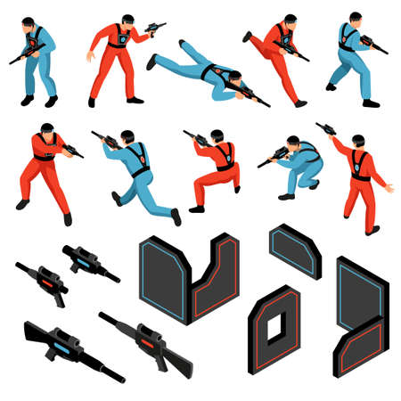 Laser tag game ammunition gear infrared sensitive targets vests guns players isometric icons set isolated vector illustrationのイラスト素材