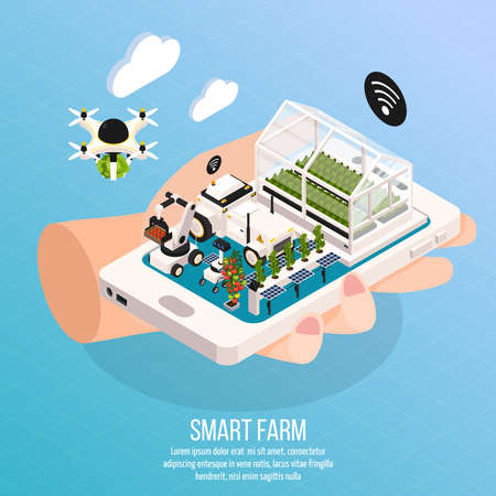 Smart farm on hand composition set with technology symbols isometric  vector illustrationのイラスト素材