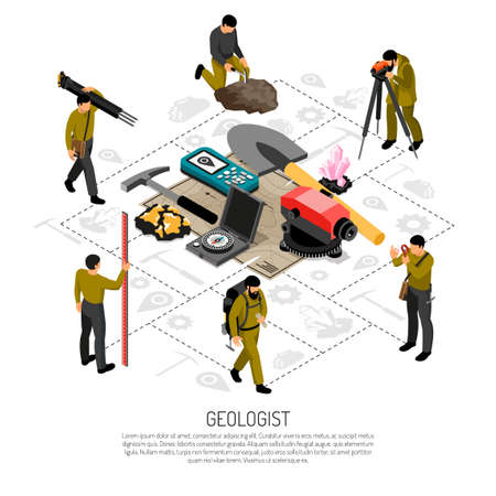 Geologist field work uniform tools minerals samples geodetic measurements instruments isometric composition against flowchart background vector illustrationのイラスト素材