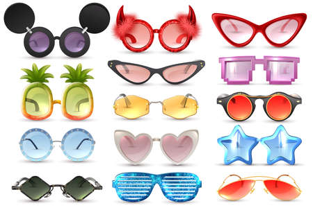 Carnival party masquerade costume glasses heart star cat eye shaped funny sunglasses realistic set isolated vector illustrationのイラスト素材