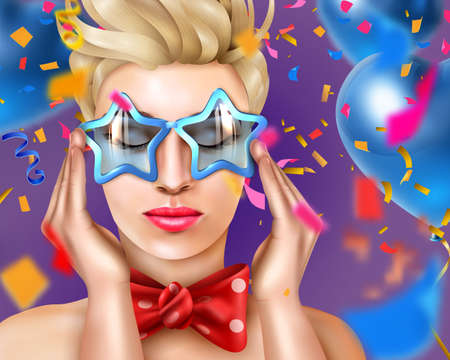 Woman head shoulders with carnival accessories against party background realistic poster with star shaped glasses vector illustrationのイラスト素材