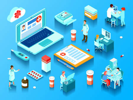 Online medicine elements doctors with computers and laboratory equipment pills and electronic devices  horizontal isometric vector illustrationのイラスト素材