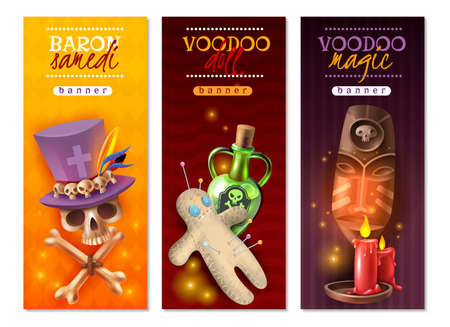 Voodoo religious occult practices with doll colorful pins love hate revenge messages 3 vertical banners vector illustrationのイラスト素材
