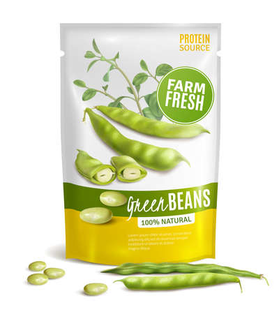 Preserved natural green beans plastic package valuable protein source healthy food close up realistic image vector illustrationのイラスト素材