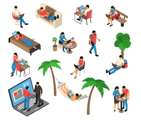 Freelancer remote creative job under tree in hammock home on sofa with laptop isometric set vector illustrationのイラスト素材