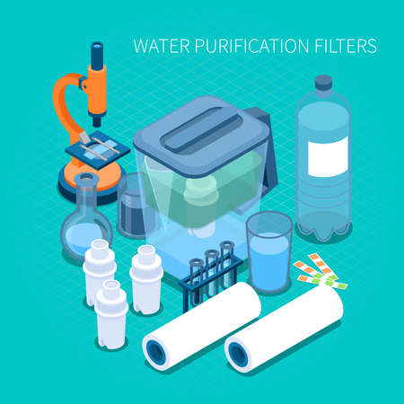 Filters for home water purification and test laboratory equipment isometric composition on turquoise background vector illustrationのイラスト素材