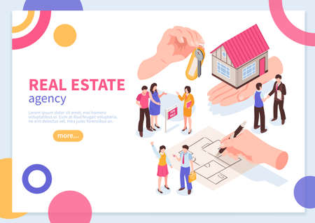 Real estate agency isometric concept of web banner with colorful geometric elements on white background vector illustrationのイラスト素材