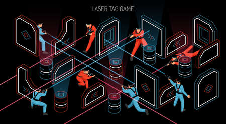 Laser tag indoor outdoor team game horizontal isometric composition with players firing infrared sensitive targets vector illustrationのイラスト素材