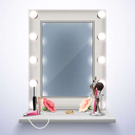 Makeup mirror cosmetics and jewelry for bride realistic composition vector illustrationのイラスト素材