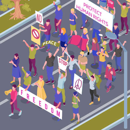Protesting people with placards and flags during street procession in protection human rights isometric vector illustrationのイラスト素材