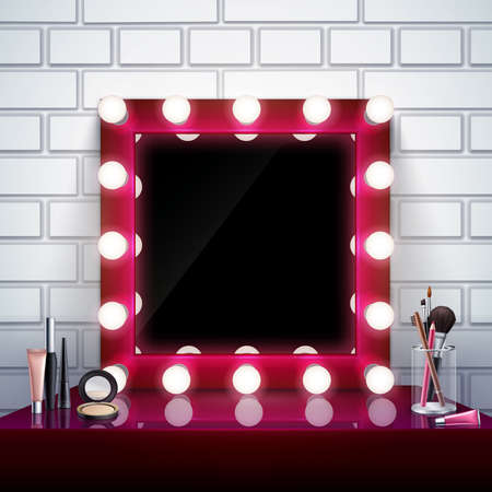 Realistic composition with pink makeup mirror cosmetics and brushes on table vector illustrationのイラスト素材