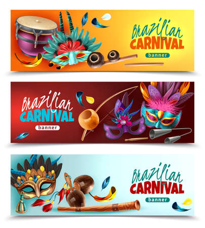 Brazilian festival carnival 3 horizontal realistic colorful banners with traditional musical instruments masks feathers isolated vector illustrationのイラスト素材