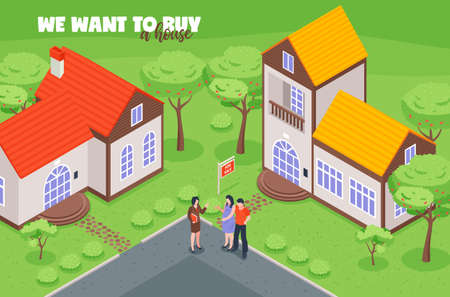 Real estate agent with clients buyers during viewing of house for sale isometric vector illustrationのイラスト素材