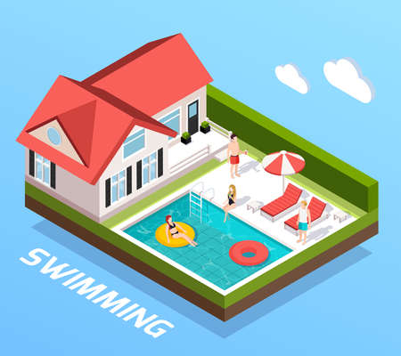 Swimming pool isometric concept with people resting by the pool vector illustrationのイラスト素材