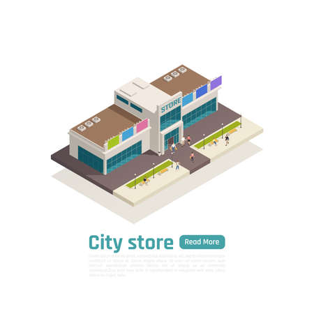 Isometric store mall shopping center composition with green button and big isolated shopping mall vector illustrationのイラスト素材
